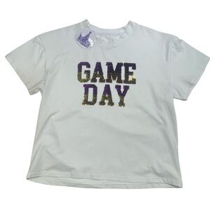 NWT Azarhia Reversible Sequin Game Day T-Shirt Purple Gold Black Gold